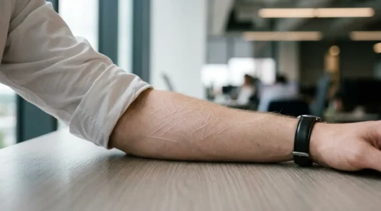 Tatouage discret à l'encre blanche sur avant-bras dans un environnement professionnel