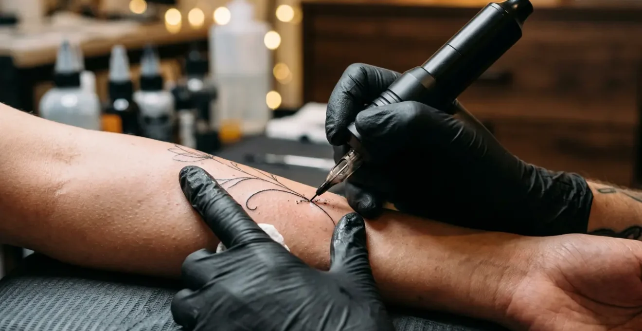 Artiste tatoueur travaillant avec une aiguille ultra-fine sur un motif délicat