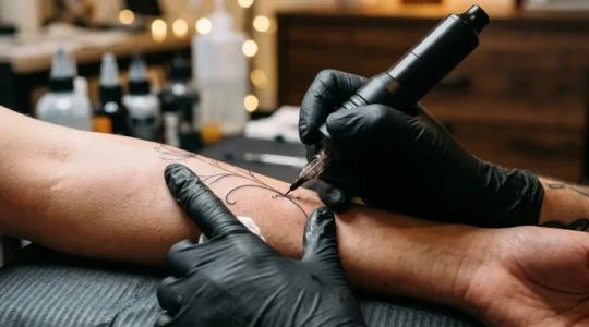 Artiste tatoueur travaillant avec une aiguille ultra-fine sur un motif délicat