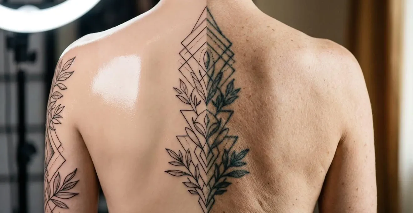 Comparaison visuelle d'un tatouage fine line photographié versus sa réalité en vieillissement