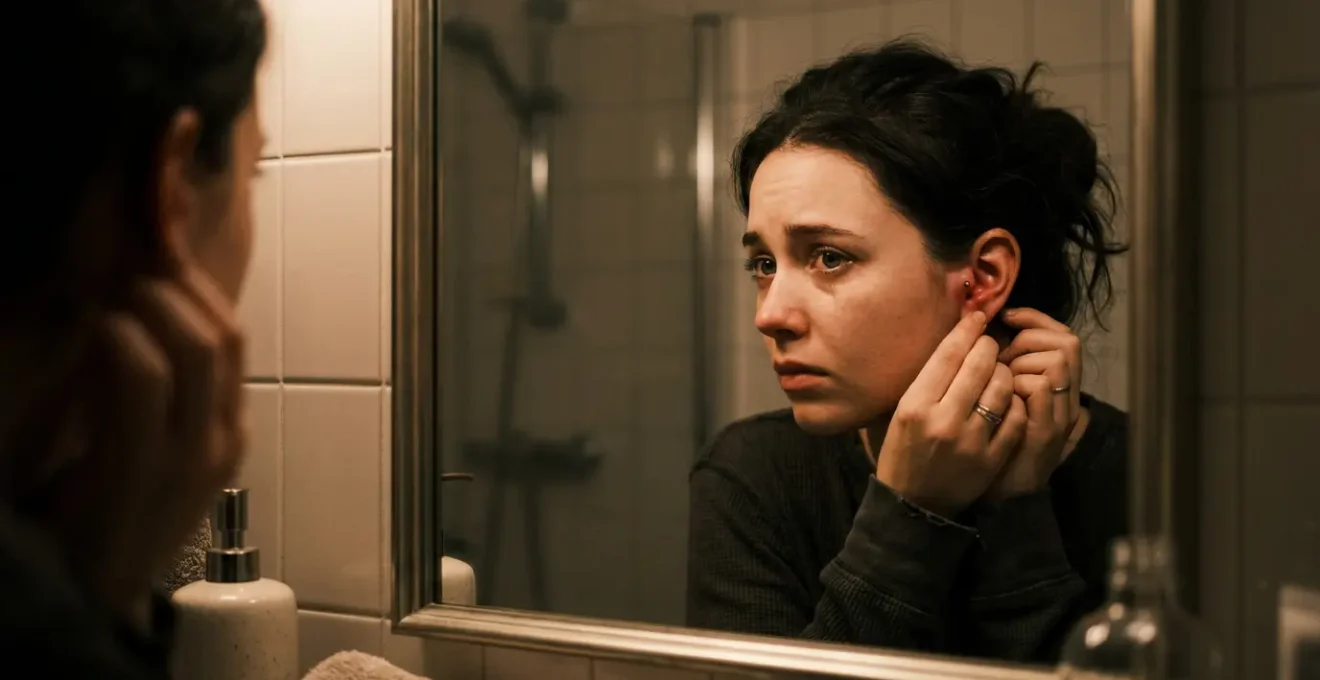 Gros plan sur une personne examinant avec inquiétude la zone rouge et enflée autour d'un piercing récent, dans une salle de bain faiblement éclairée