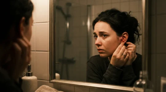 Gros plan sur une personne examinant avec inquiétude la zone rouge et enflée autour d'un piercing récent, dans une salle de bain faiblement éclairée