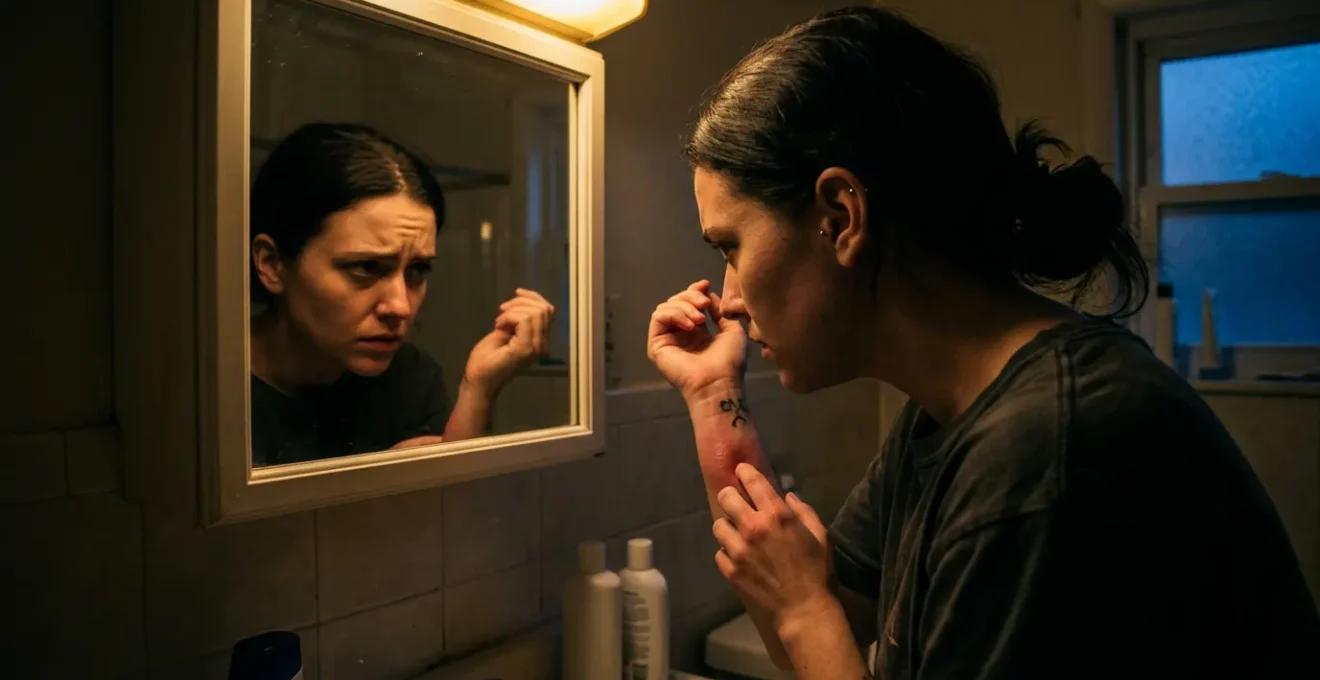 Personne examinant une zone de peau irritée avec des signes d'infection sous un éclairage d'urgence