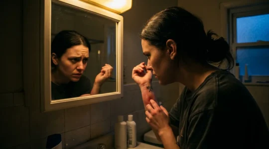 Personne examinant une zone de peau irritée avec des signes d'infection sous un éclairage d'urgence