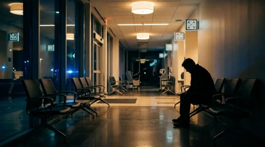 Consultation médicale urgente pour infection de piercing ou tatouage dans un cabinet médical éclairé, atmosphère nocturne