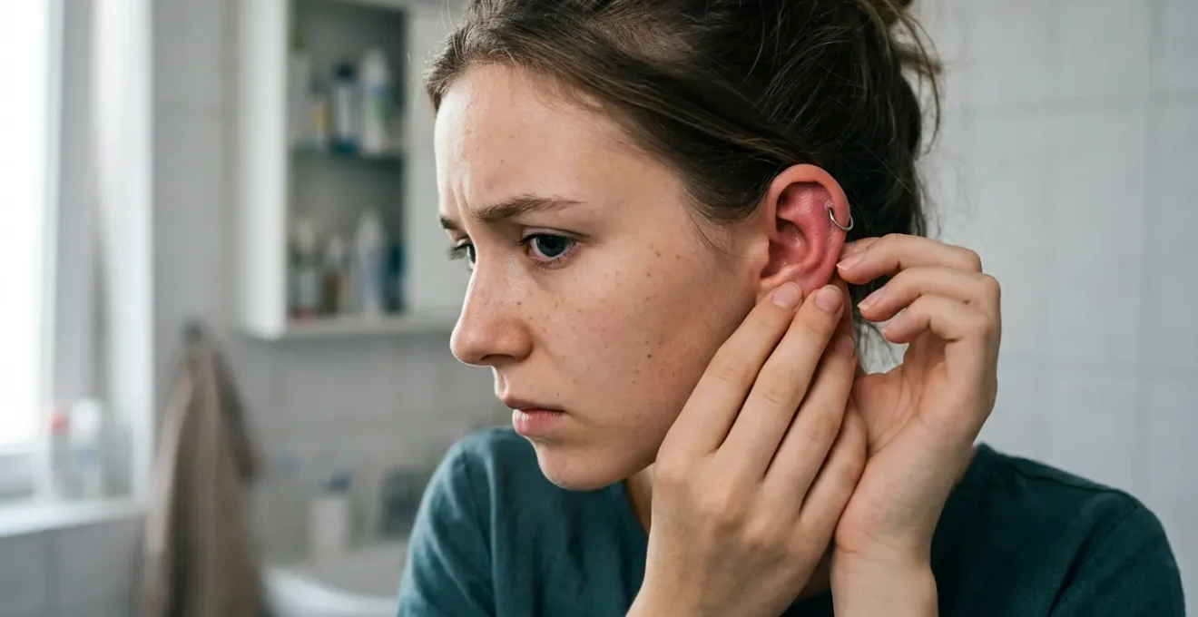 Gros plan sur une zone de peau infectée autour d'un piercing avec signes visibles de rougeur et gonflement, éclairage médical