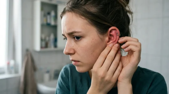 Gros plan sur une zone de peau infectée autour d'un piercing avec signes visibles de rougeur et gonflement, éclairage médical