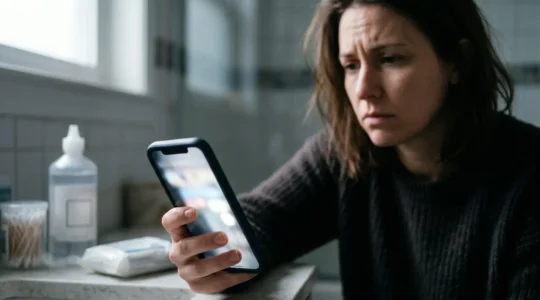 Main tenant un smartphone dans l'urgence pour consulter sur une infection de piercing ou tatouage