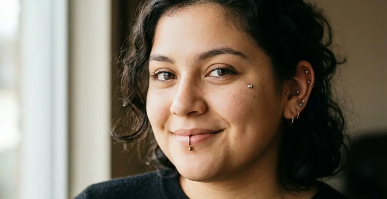 Portrait en gros plan d'un visage aux courbes douces avec différents piercings positionnés stratégiquement pour créer un équilibre visuel