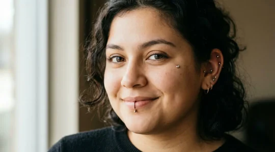 Portrait en gros plan d'un visage aux courbes douces avec différents piercings positionnés stratégiquement pour créer un équilibre visuel