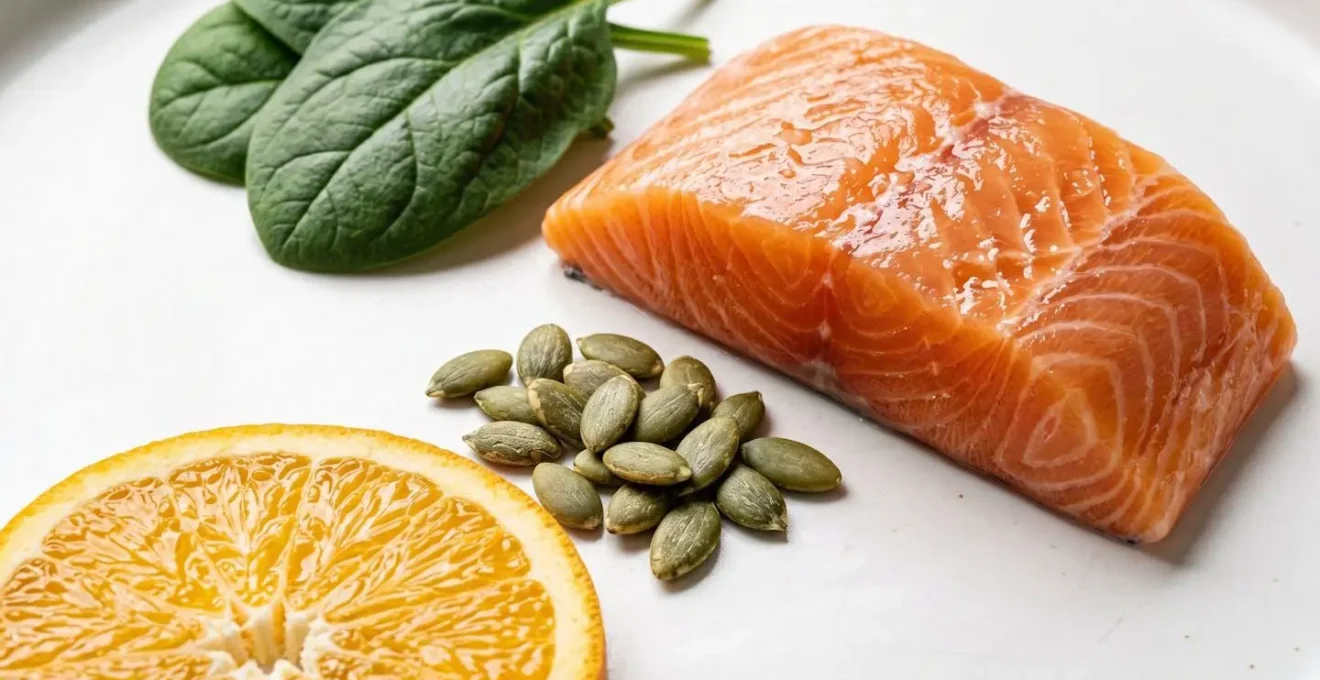 Vue macro d'aliments riches en zinc et vitamine C disposés artistiquement pour la cicatrisation