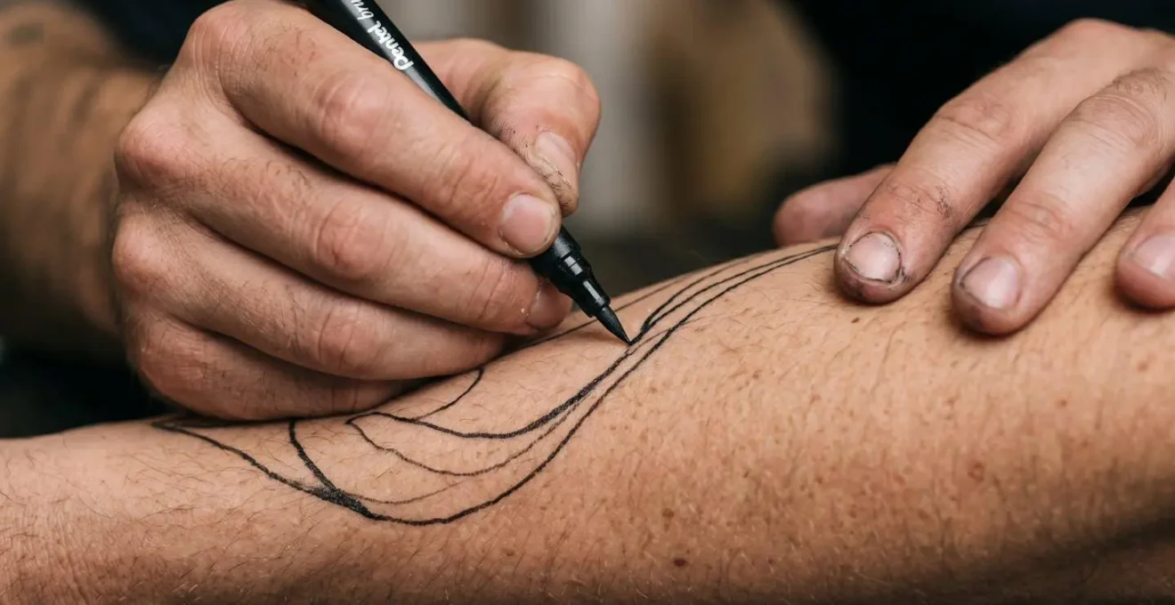 Gros plan sur les mains d'un tatoueur dessinant directement sur la peau avec un feutre spécial