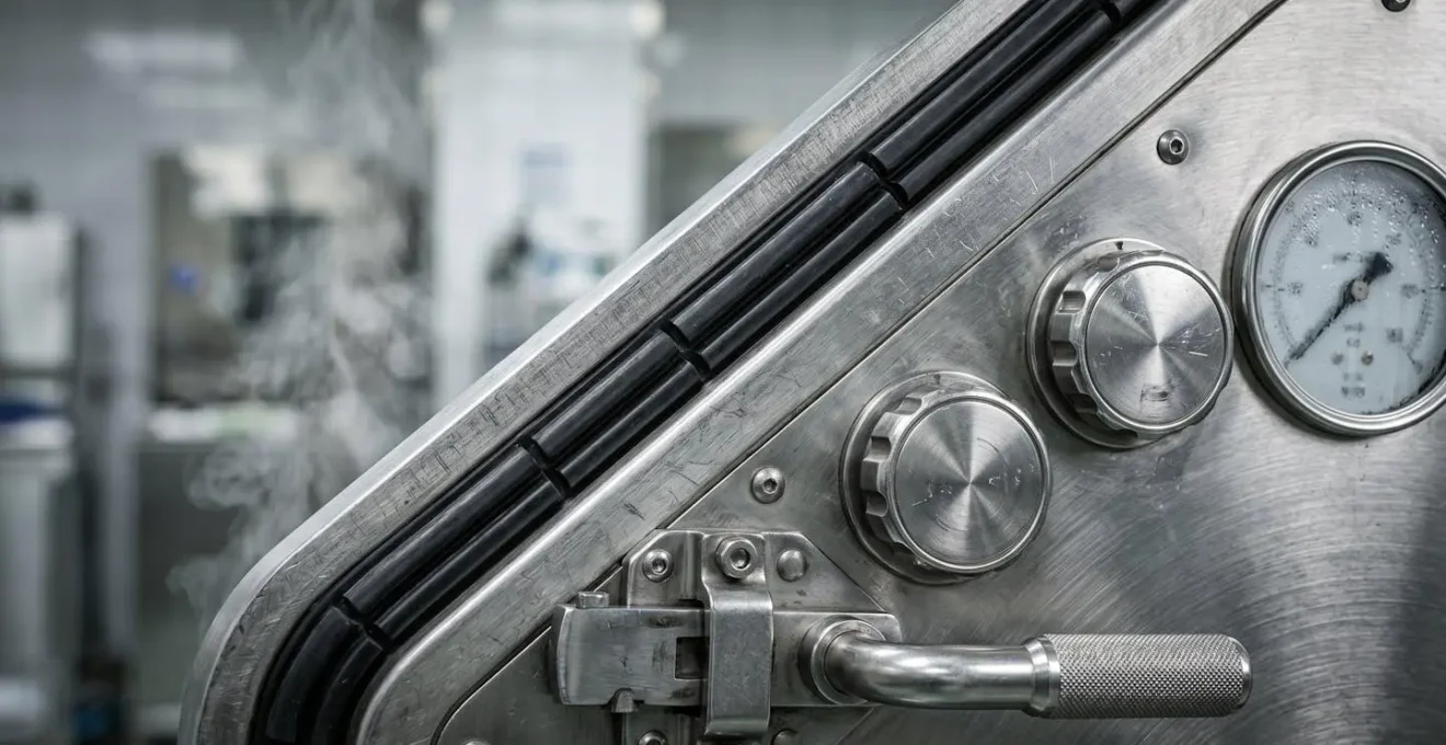 Gros plan sur un autoclave professionnel classe B en acier inoxydable