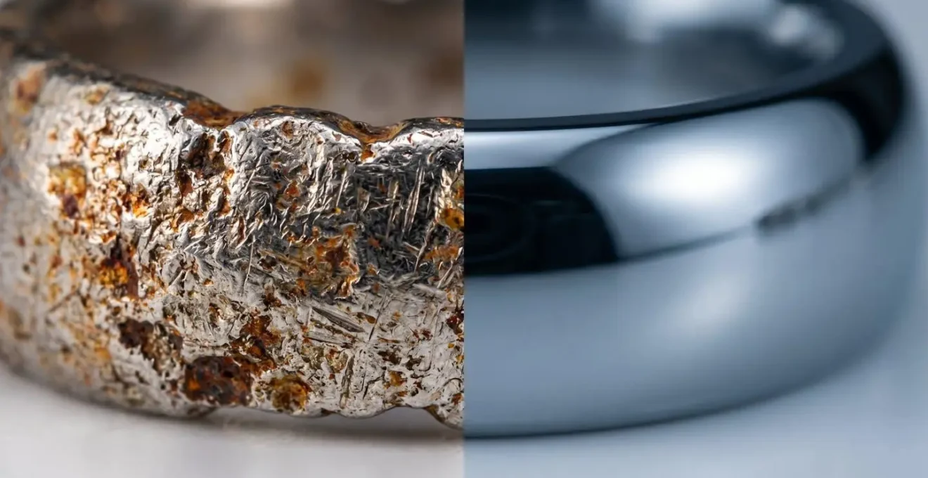 Comparaison macro de surfaces de bijoux de piercing montrant les différences de qualité des alliages