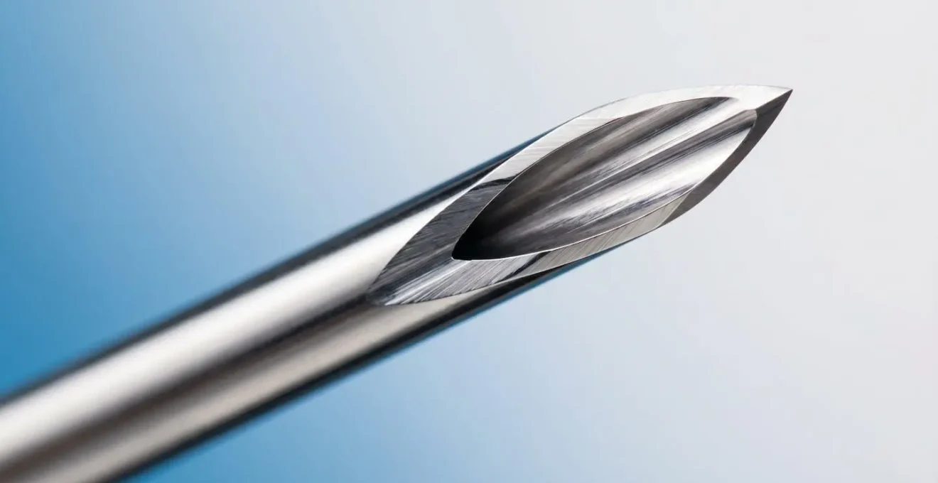 Vue macro d'une aiguille de piercing à triple biseau montrant les trois surfaces de coupe