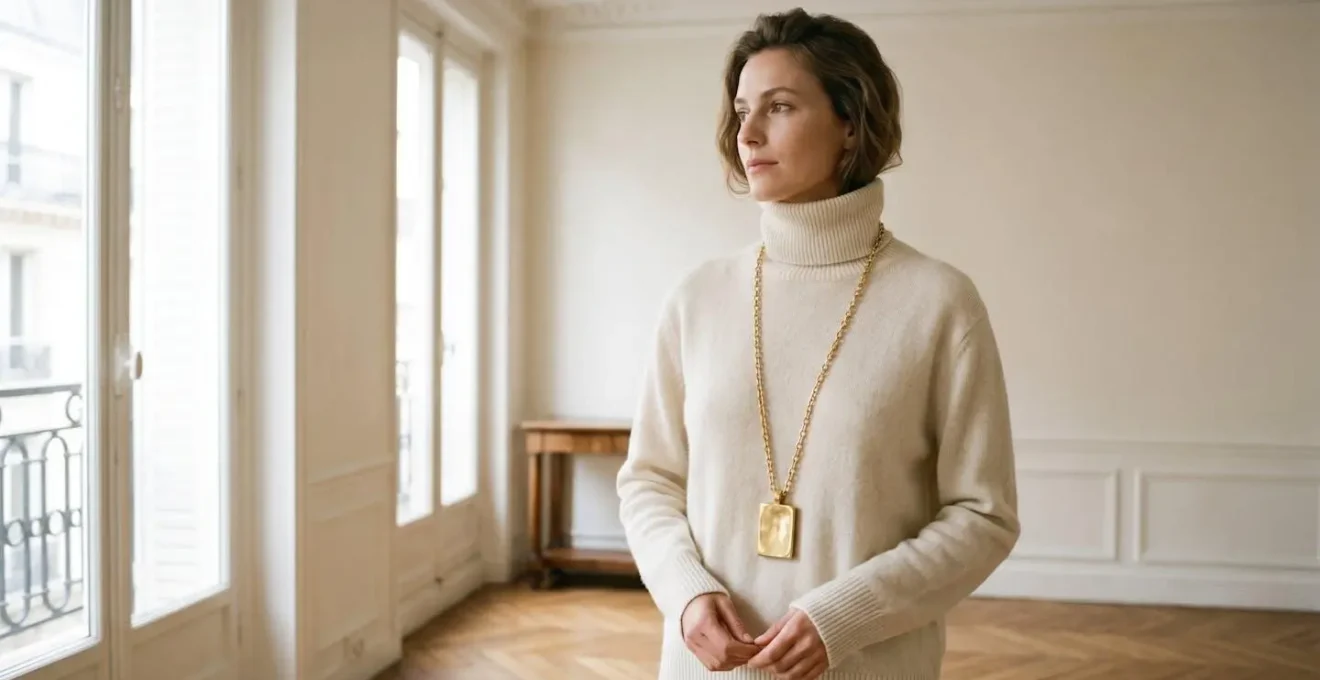 Femme en col roulé beige portant un sautoir doré élégant