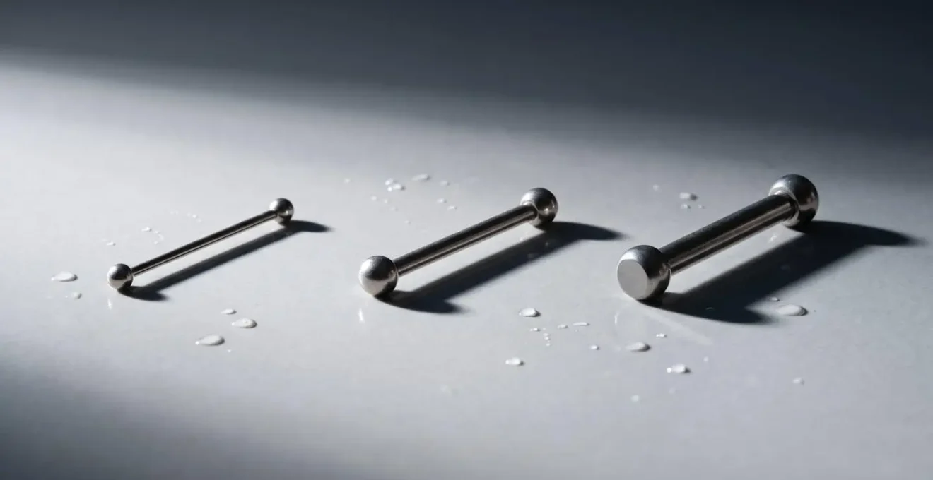 Comparaison visuelle entre trois barres de piercing de différents diamètres