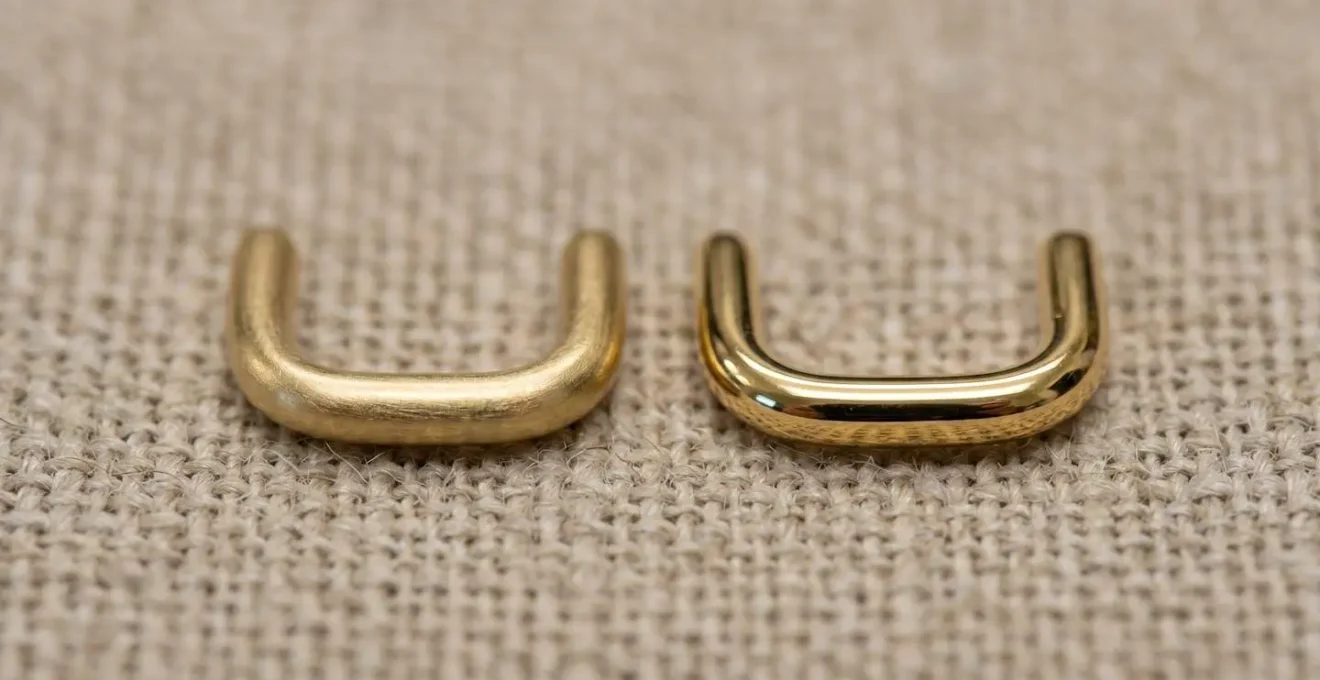 Comparaison macro de deux bijoux de nez : un en or mat et un en or brillant sous éclairage de bureau