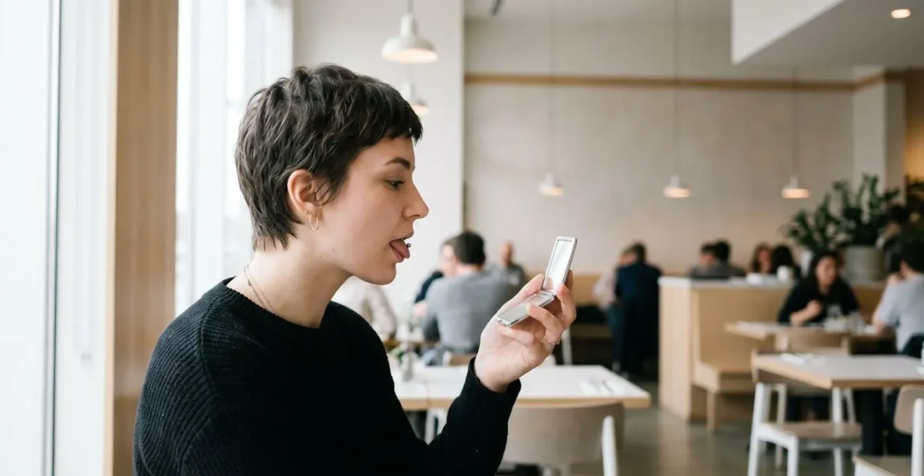 Personne vérifiant discrètement son piercing de langue devant un miroir de poche
