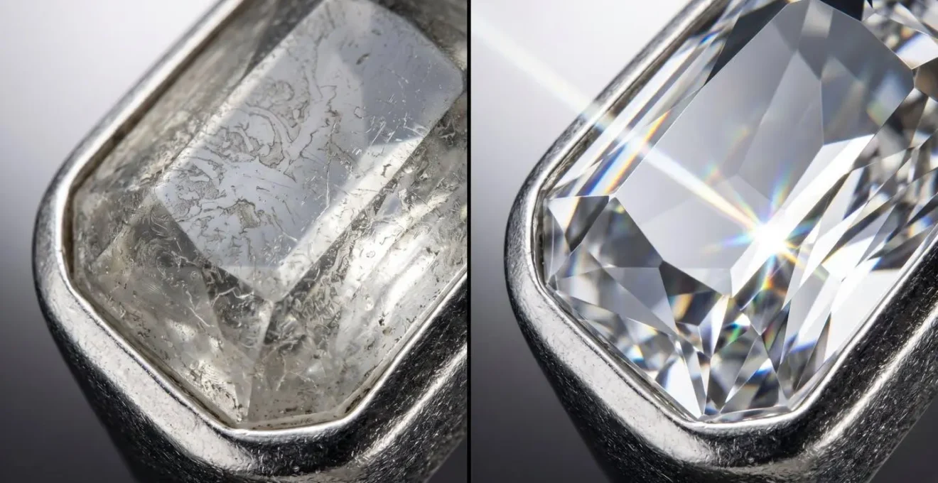 Vue macro montrant la transformation d'un cristal terni vers un cristal brillant après nettoyage