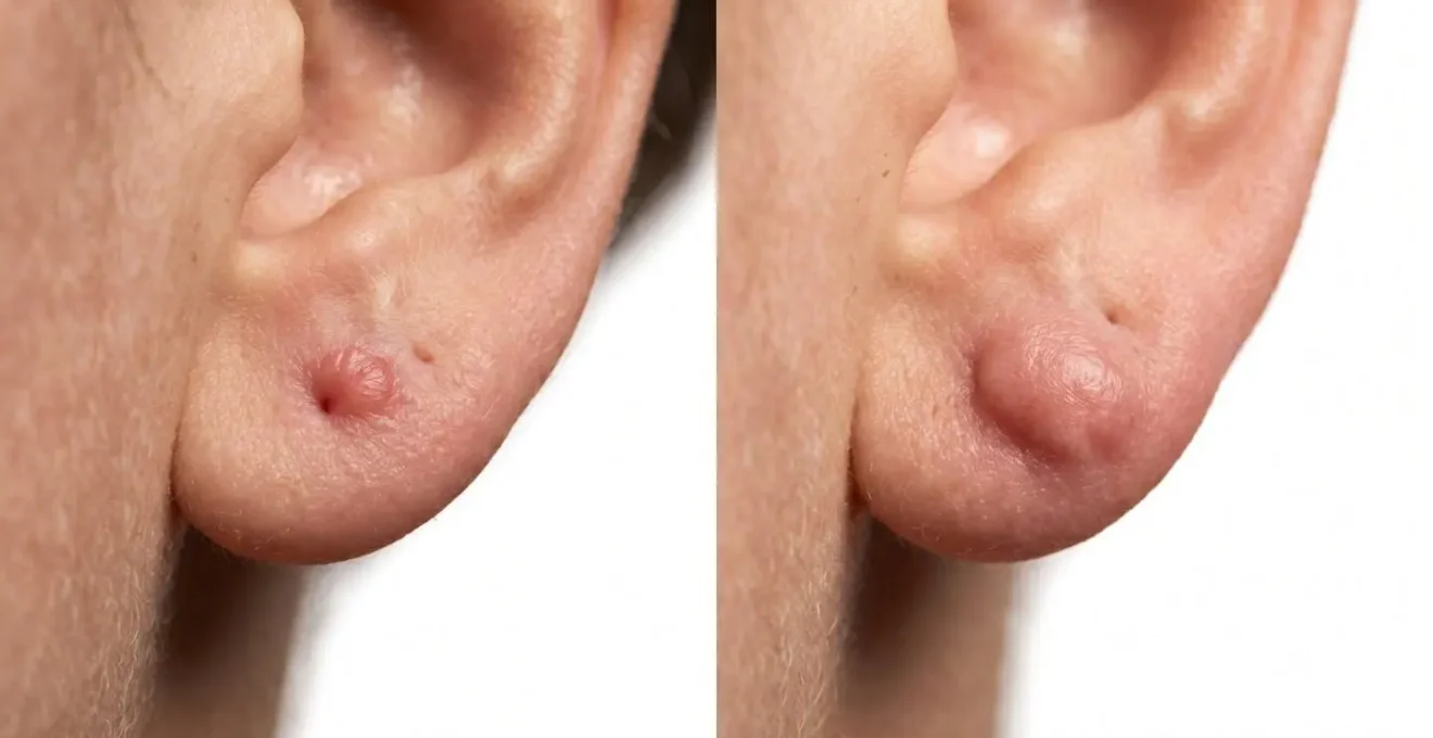 Comparaison visuelle entre une cicatrice hypertrophique et une chéloïde sur un piercing