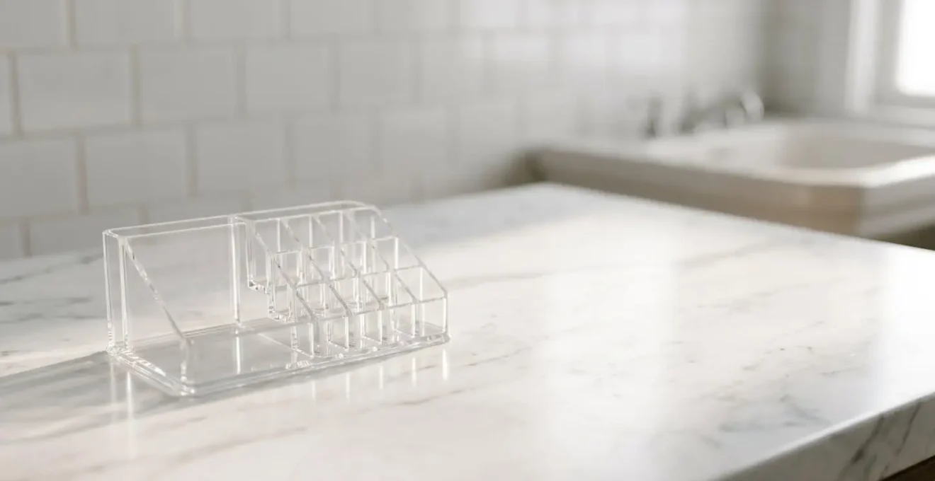Vue minimaliste d'une trousse de maquillage vide symbolisant l'économie du candy lips