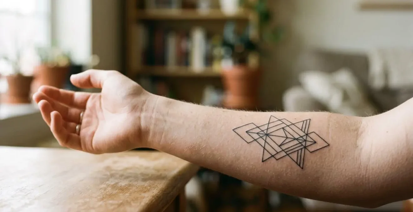 Portrait rapproché montrant un tatouage géométrique minimaliste sur un avant-bras