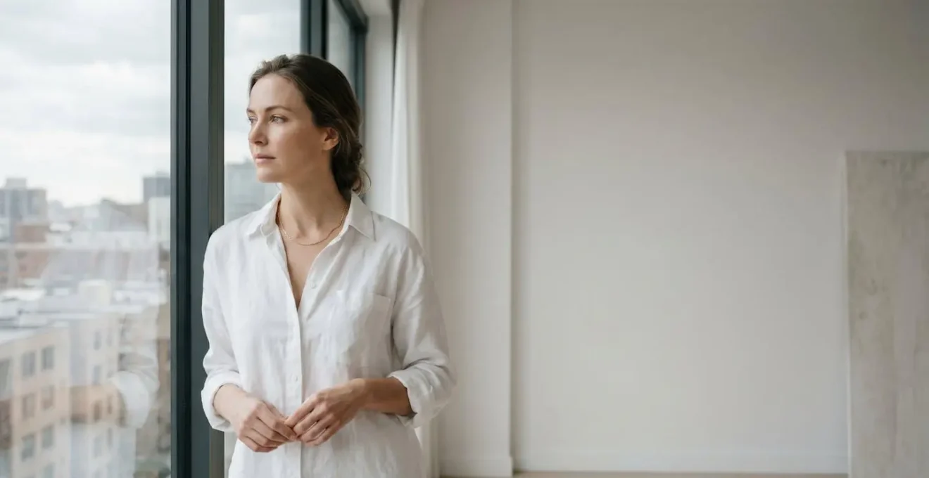 Portrait environnemental d'une femme près d'une fenêtre avec lumière latérale mettant en valeur un collier fin