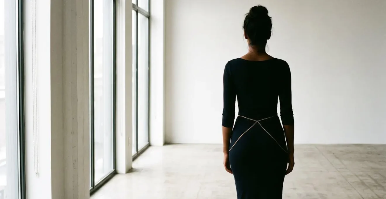 Silhouette féminine avec chaîne de taille dorée créant des lignes harmonieuses sur les hanches