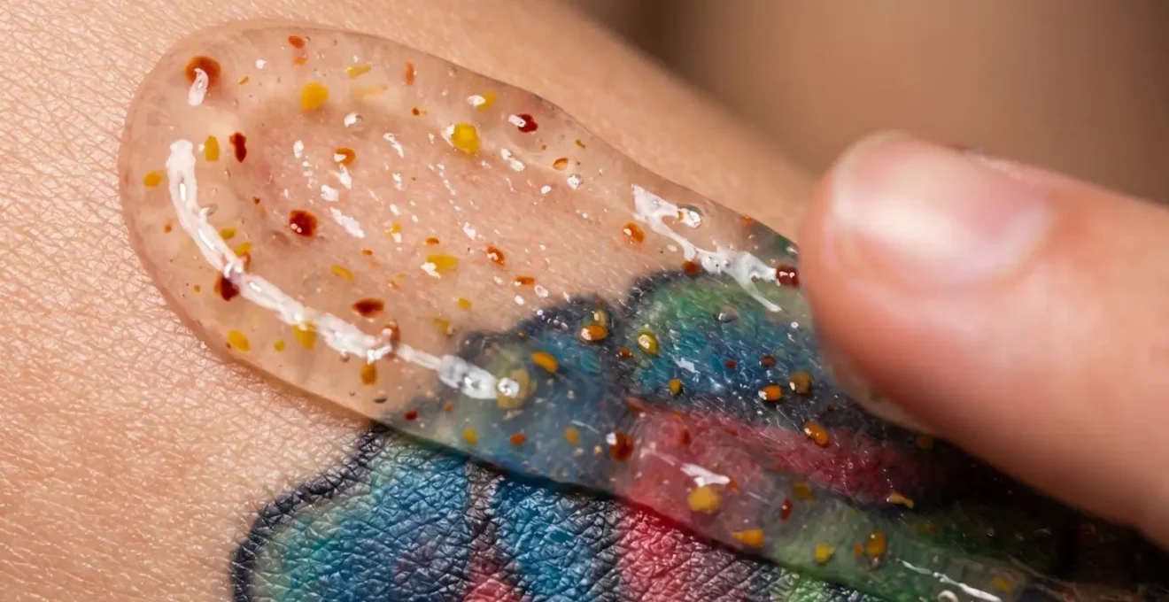 Texture crémeuse d'un exfoliant aux AHA sur une peau tatouée, en gros plan montrant les particules douces