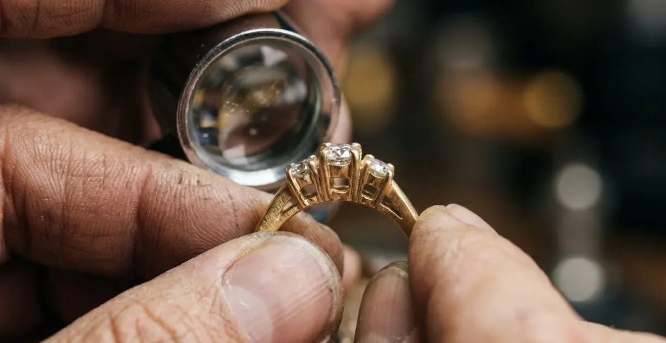 Gros plan sur une main inspectant un bijou à la loupe de joaillier