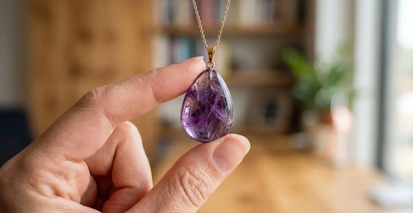 Gros plan sur une main féminine touchant délicatement un pendentif en pierre naturelle dans un environnement de bureau