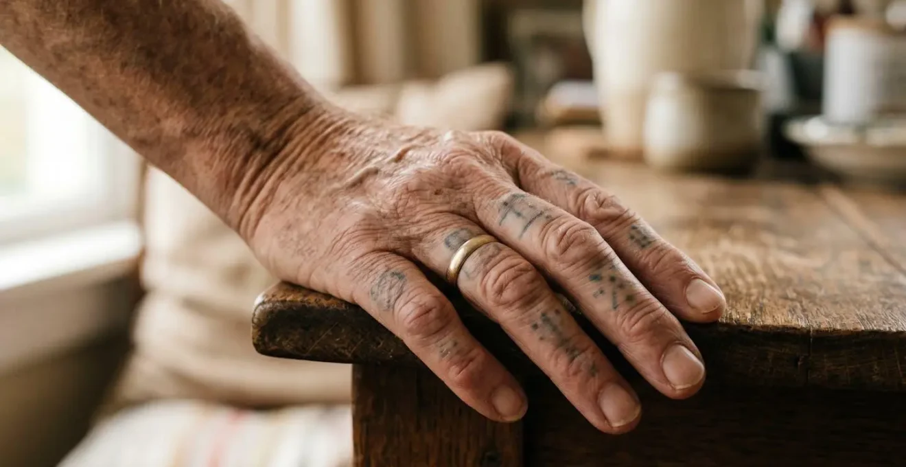 Vue rapprochée d'une main montrant l'évolution naturelle d'un micro-tatouage sur les doigts après plusieurs mois