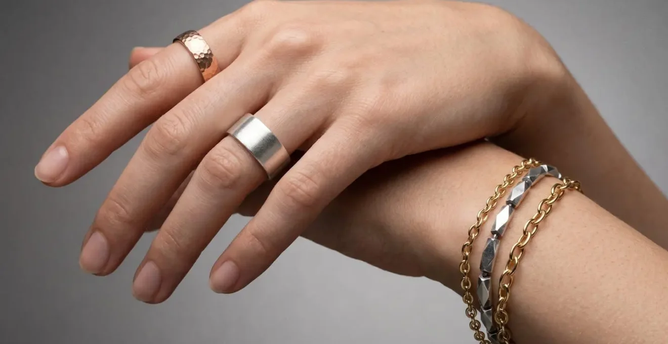 Mains élégantes portant des bijoux mélangés or et argent en harmonie