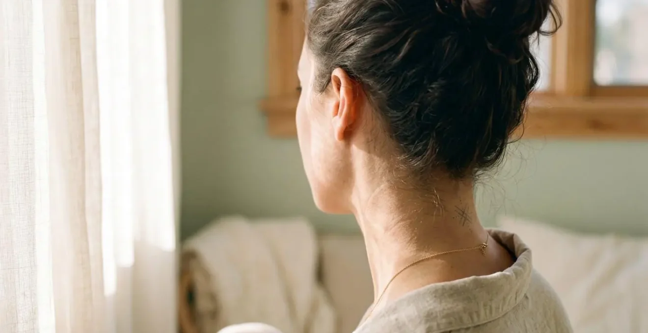 Portrait de dos montrant un micro-tatouage délicat et discret derrière l'oreille d'une femme