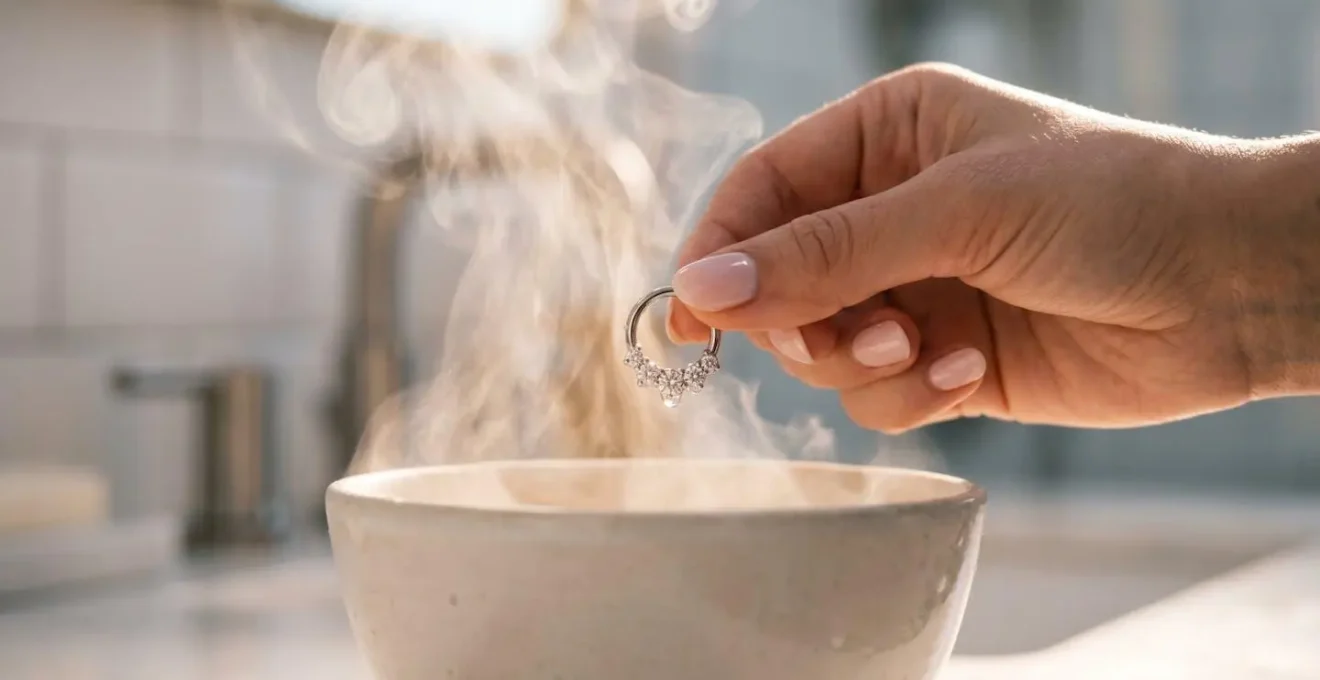 Main tenant délicatement un piercing serti de diamants au-dessus de vapeur d'eau