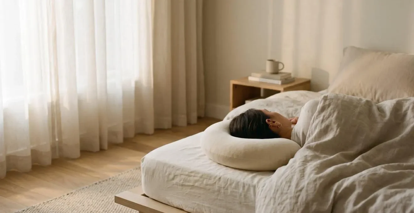 Oreiller de voyage en forme de U protégeant une oreille percée pendant le sommeil