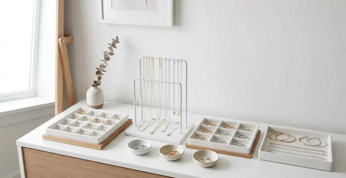 Système d'organisation minimaliste pour bijoux et accessoires sur présentoir épuré