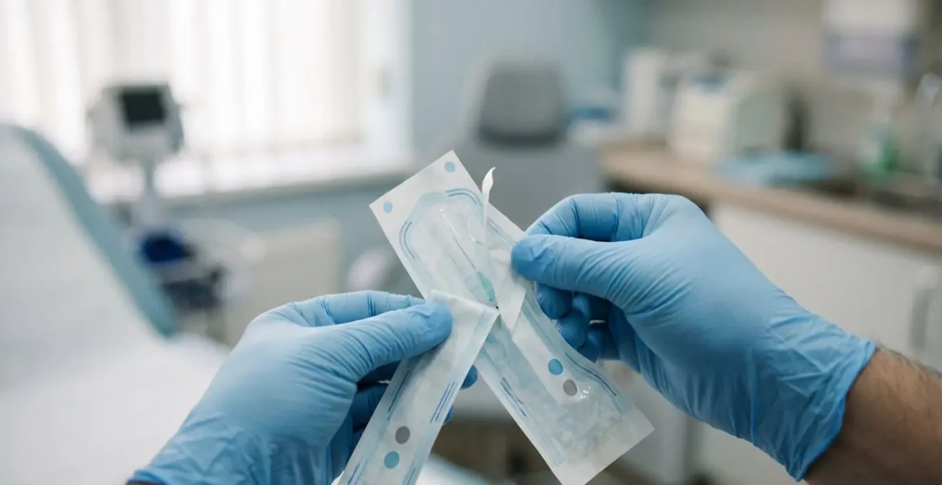 Mains gantées ouvrant un sachet stérile d'aiguille de piercing avec indicateurs visibles
