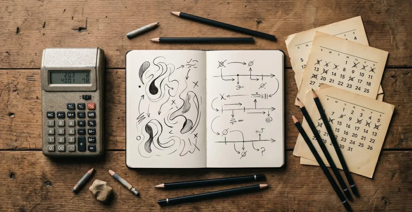 Vue d'ensemble d'un carnet de planning avec croquis de manchette et calendrier de séances