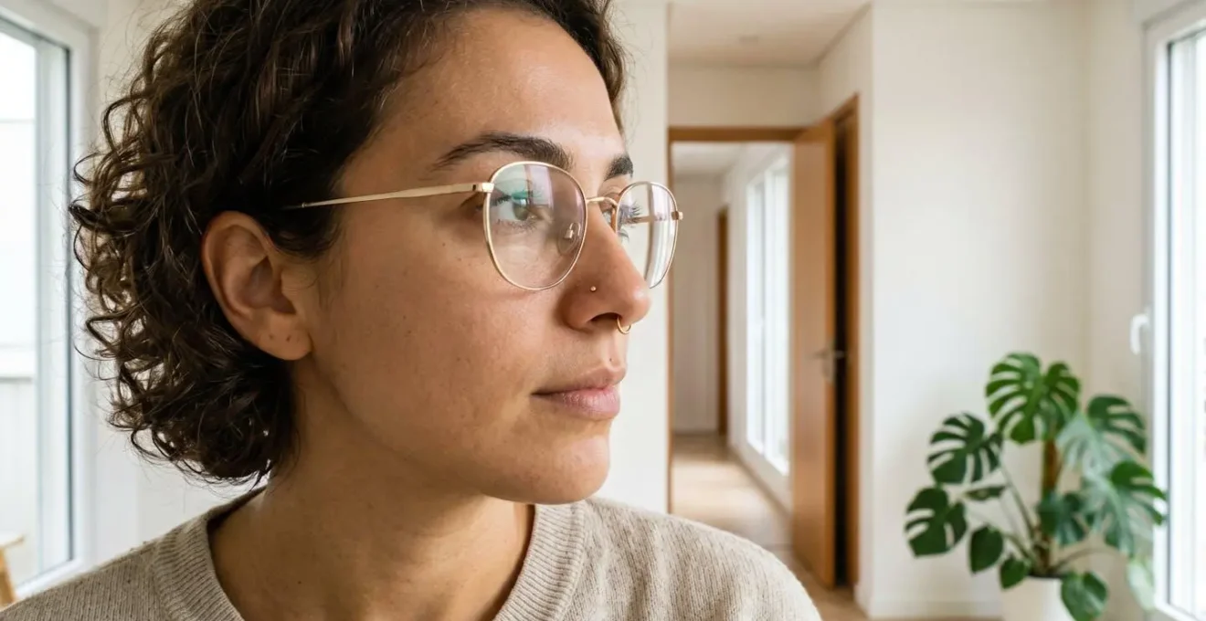 Vue de trois-quarts montrant l'interaction entre piercing du nez et monture de lunettes