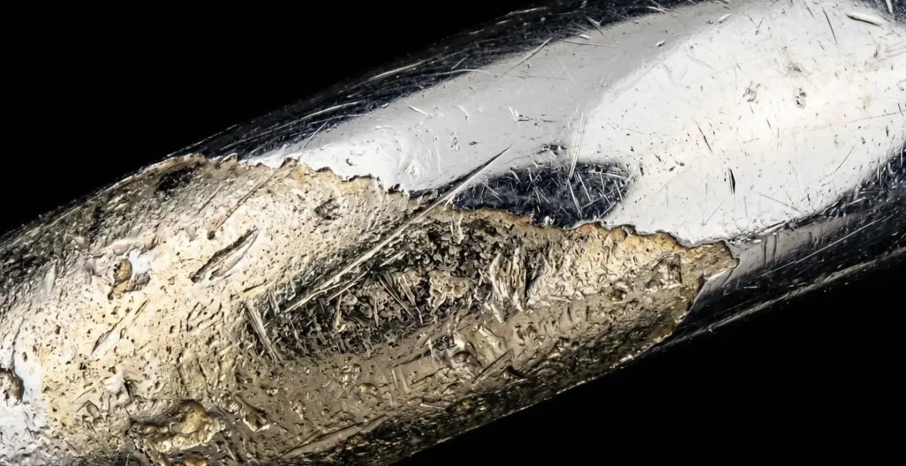 Vue microscopique de l'usure du rhodiage sur un bijou en or blanc