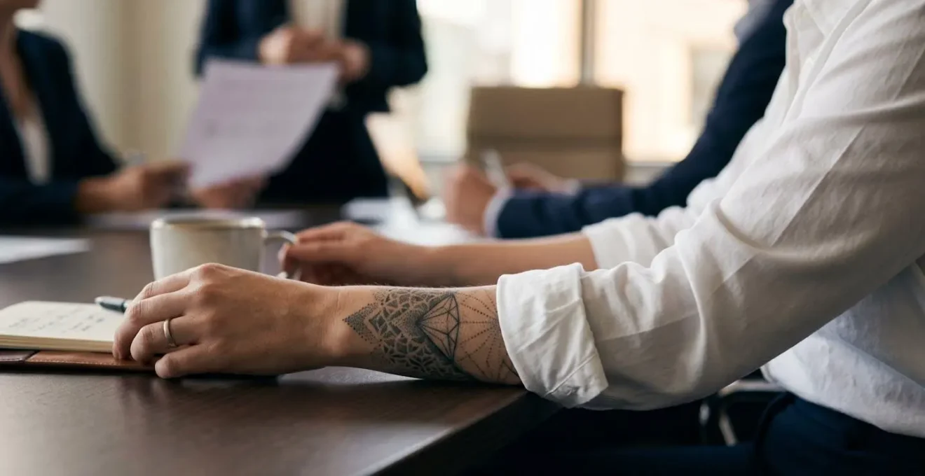 Personne en tenue professionnelle avec tatouage subtil visible au poignet sous une manche de chemise