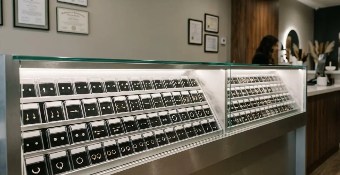 Vitrine de studio de piercing professionnel avec sélection de bijoux