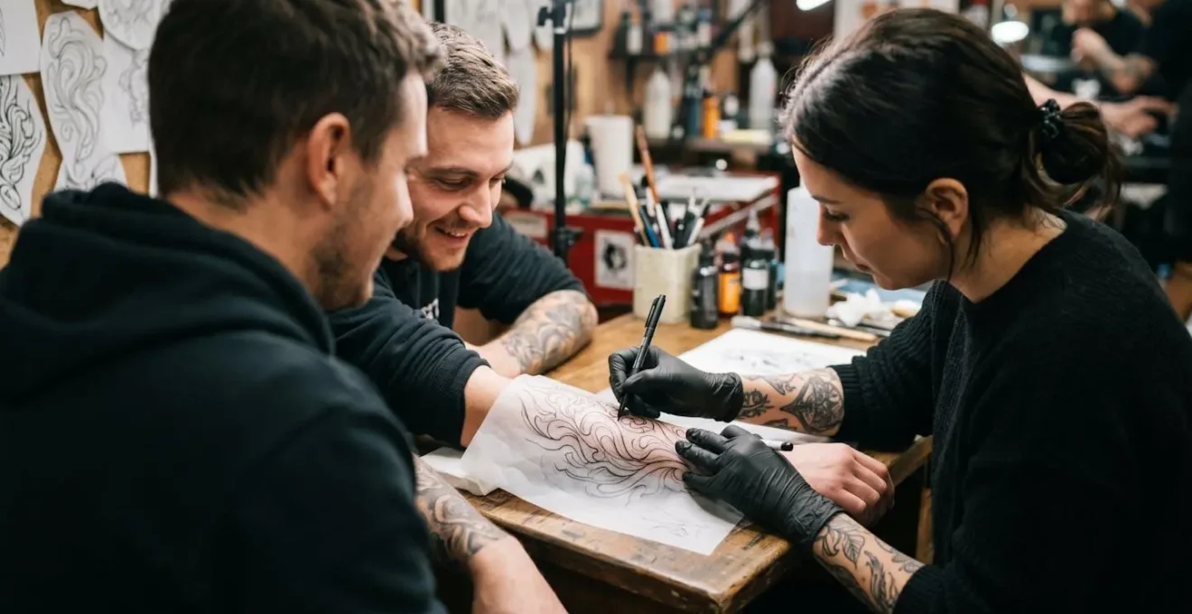 Tatoueur créant un design unique adapté à la morphologie spécifique d'un client
