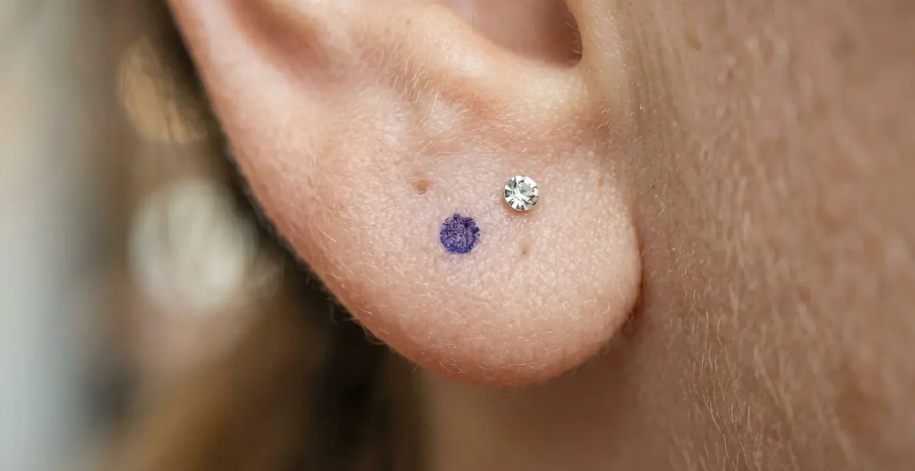 Gros plan macro sur un marquage au feutre chirurgical sur la peau simulant l'emplacement d'un futur piercing