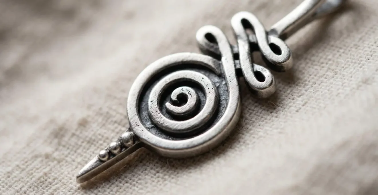 Gros plan sur un pendentif Unalome en argent avec ses courbes spiralées caractéristiques