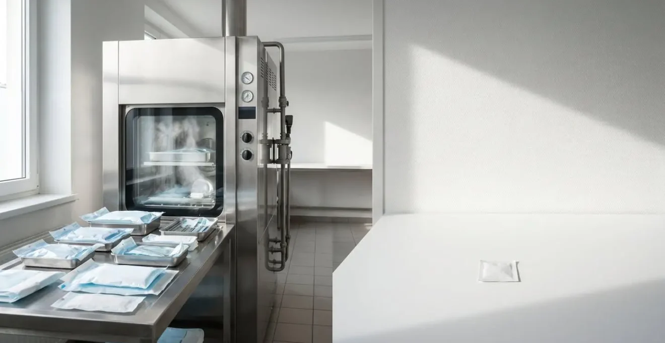 Comparaison visuelle entre un autoclave médical et une simple lingette alcoolisée montrant la différence d'efficacité
