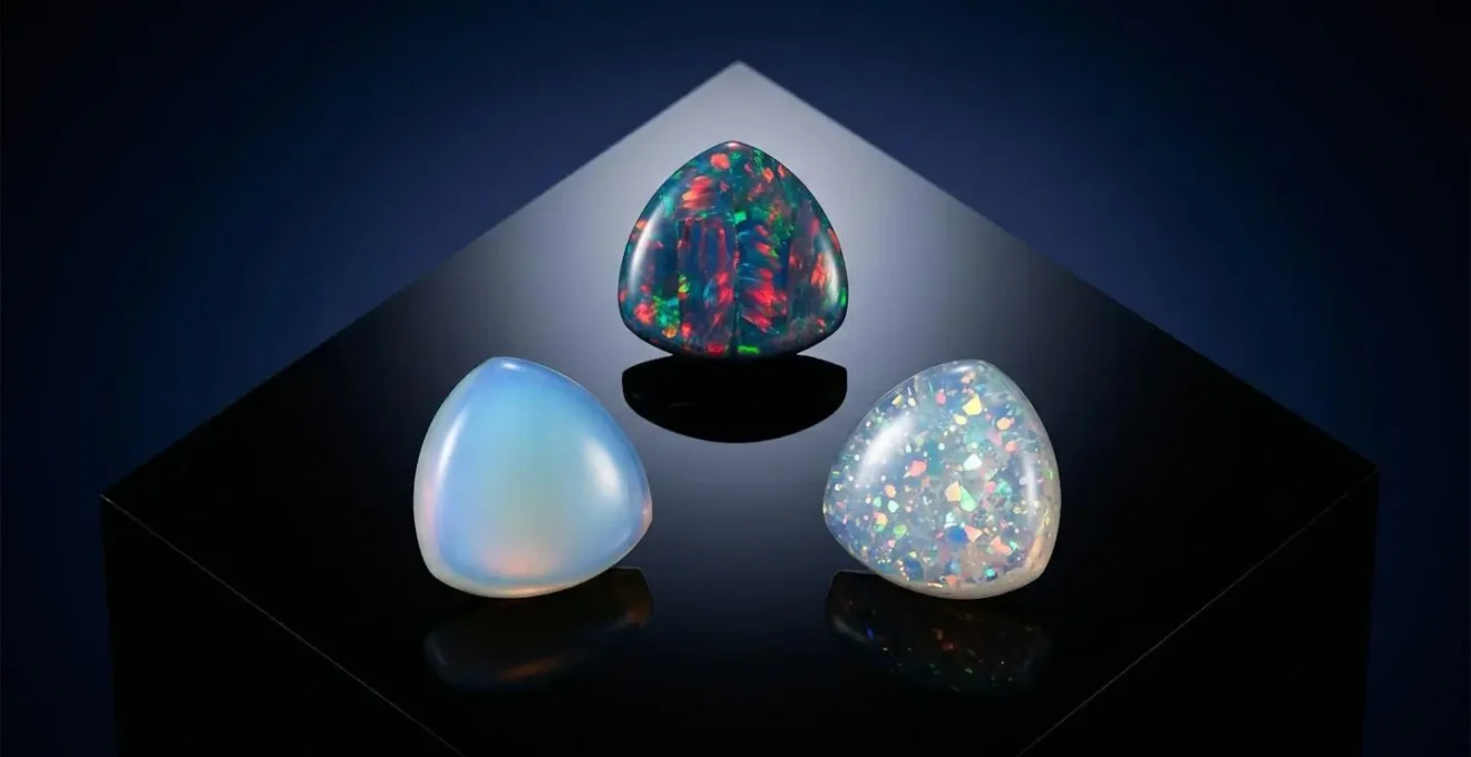 Guide visuel montrant les différences entre opale synthétique, résine et opalite sous lumière