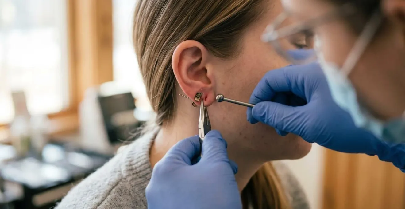 Main de perceur professionnel remplaçant délicatement un bijou inadapté par une barre en titane de qualité médicale